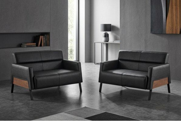 Ledersofa-Set 2-Sëtz Schwaarz Canapé Modern Lieder Edelstahl Holz Mëll