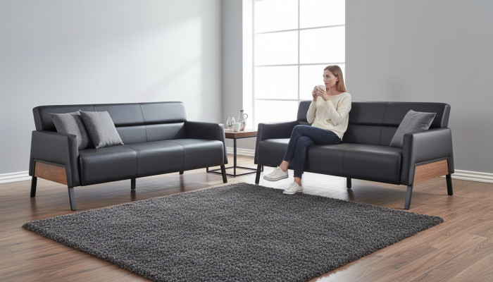 Liederstull Sofa-Set 3-Sëtzer Schwaarz Modern Lieder Edelstahl Couch Holz