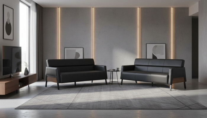 Liederstull Sofa-Set 3-Sëtzer Schwaarz Modern Lieder Edelstahl Couch Holz