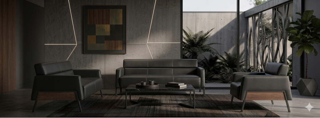 Lieder-Sofas-Set Schwaarz Lieder Modern 3-Sëtzer 2-Sëtzer Fauteuil Sëtzmiwwel