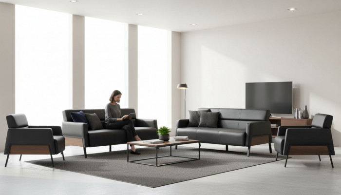 Sofa-Set 3-Sëtzer 2x Fauteuilen Schwaarz Ledersofa Modern Lieder Holz Mëll