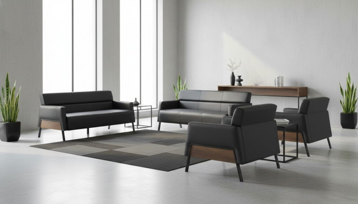 Sofa-Set 3-Sëtzer 2x Fauteuilen Schwaarz Ledersofa Modern Lieder Holz Mëll