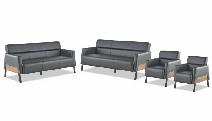 Sofa-Set 3-Sëtzer 2x Fauteuilen Schwaarz Ledersofa Modern Lieder Holz Mëll