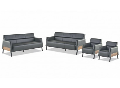 Sofa-Set 3-Sëtzer 2x Fauteuilen Schwaarz Ledersofa Modern Lieder Holz Mëll