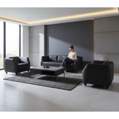 Léier-Couchen 3-Sëtzer Fotell Schwaarz Komplett Couch Modern Polster Këssen