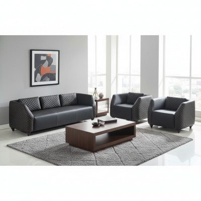 Léier-Couchen 3-Sëtzer Fotell Schwaarz Komplett Couch Modern Polster Këssen