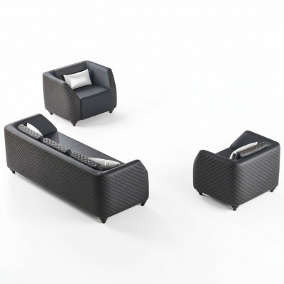 Léier-Couchen 3-Sëtzer Fotell Schwaarz Komplett Couch Modern Polster Këssen