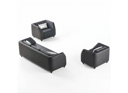 Léier-Couchen 3-Sëtzer Fotell Schwaarz Komplett Couch Modern Polster Këssen