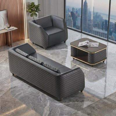 Canapé-Set 3-Sëtzer Fauteuil Couchtisch Schwaarz Brong Lieder Polster Holz