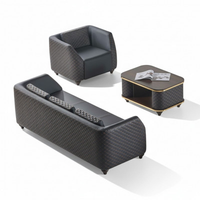 Canapé-Set 3-Sëtzer Fauteuil Couchtisch Schwaarz Brong Lieder Polster Holz