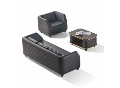 Canapé-Set 3-Sëtzer Fauteuil Couchtisch Schwaarz Brong Lieder Polster Holz