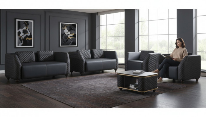 Sofa-Set 2-Sëtzer Fauteuil Couchtisch Schwaarz Braun Polster Lieder Këssen
