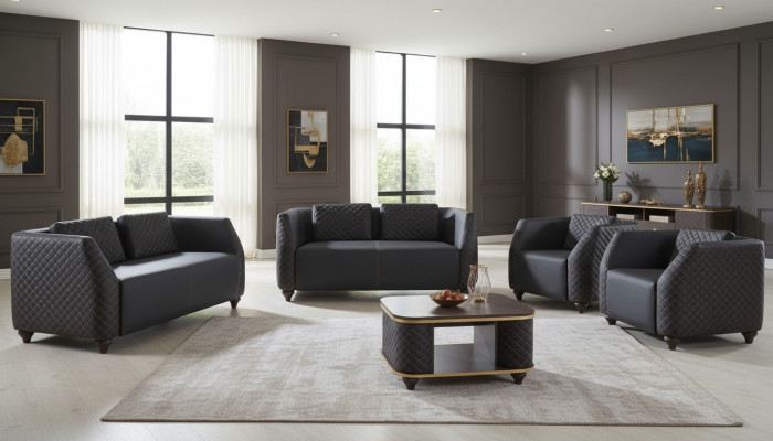 Sofa-Set 2-Sëtzer Fauteuil Couchtisch Schwaarz Braun Polster Lieder Këssen