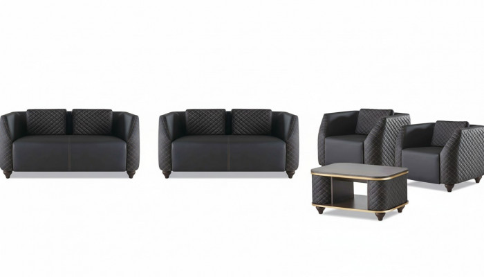 Sofa-Set 2-Sëtzer Fauteuil Couchtisch Schwaarz Braun Polster Lieder Këssen