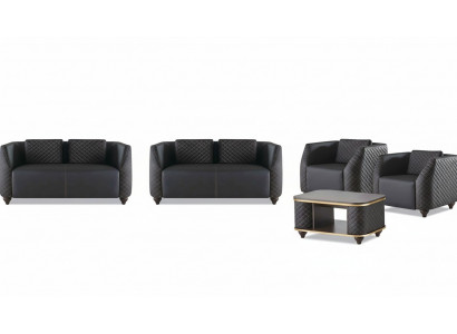Sofa-Set 2-Sëtzer Fauteuil Couchtisch Schwaarz Braun Polster Lieder Këssen