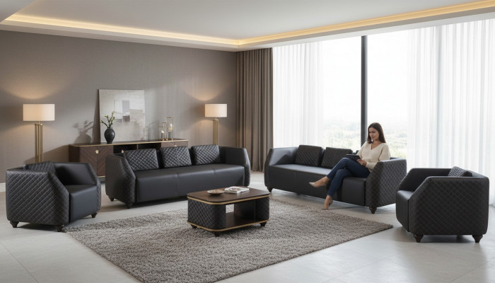 Sëtzmiwwelen 3-Sëtzer Fotell Dësch Schwaarz Braun Lieder Ledersofa Set