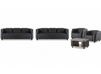 Sëtzmiwwelen 3-Sëtzer Fotell Dësch Schwaarz Braun Lieder Ledersofa Set