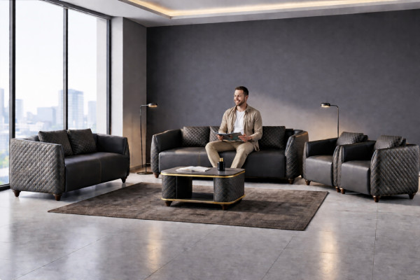 Komplett-Set 3-Sëtzer 2-Sëtzer Fauteuil Dësch Ledersofas Lieder Holz