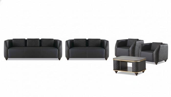 Komplett-Set 3-Sëtzer 2-Sëtzer Fauteuil Dësch Ledersofas Lieder Holz