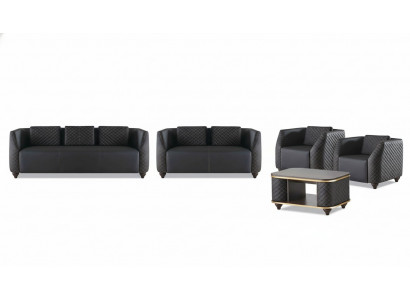 Komplett-Set 3-Sëtzer 2-Sëtzer Fauteuil Dësch Ledersofas Lieder Holz