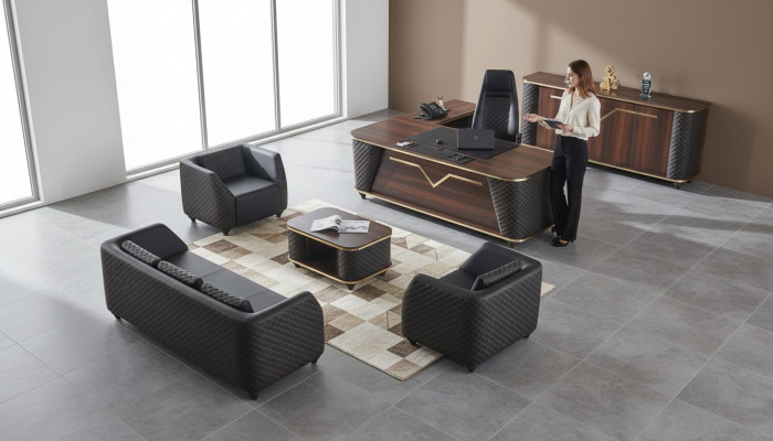 Komplett Aarbechtszëmmer Set Schreifdësch Sofas Sideboard Büroeinrichtung