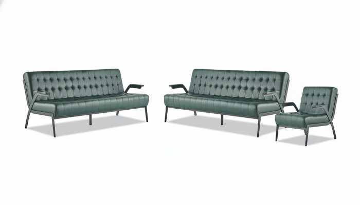 Sëtzmoossel-Set 3-Sëtzer Fotell Gréng Edelstol Modern Lieder Chesterfield