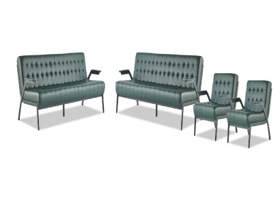 Sofagarnitur-Set 3-Sëtzer Fotell Gréng Chesterfield Modern Ledersofaen
