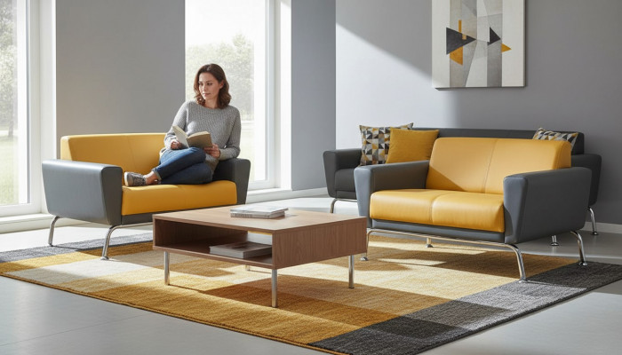 Ledersofa Sofa-Set 2-Sëtzer Giel Griis Edelstahl Modern Couch Komplett