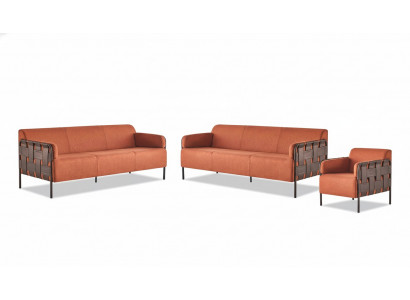 Lädersofa-Set Modern Komplett Sofas 3-Sëtzer Sessel Orange Edelstol