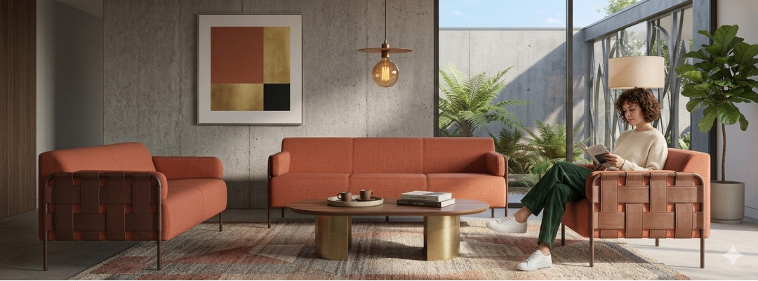 Komplett 3-Sëtzer 2-Sëtzer Fautteuil Sofa-Set Orange Sofagarnituren Sofas