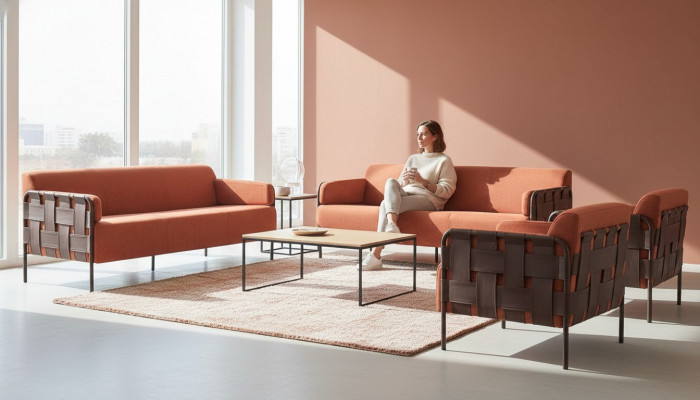 Komplett Sofas 3-Sëtzer 2x Fotell Orange Canapé Lieder Stoff Edelstahl