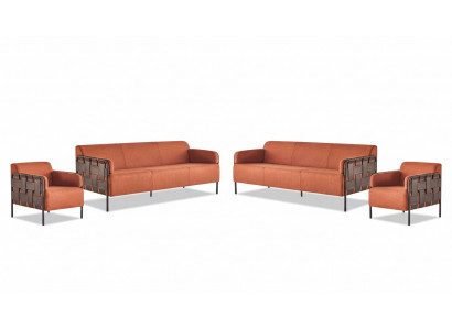 Komplett Sofas 3-Sëtzer 2x Fotell Orange Canapé Lieder Stoff Edelstahl