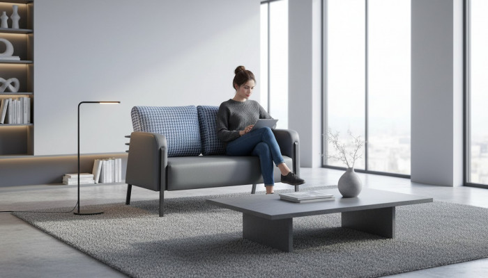 Lieder Sofa Polster 2-Sëtzer Grau Blo Edelstol Modern Këssen Sofa Couch