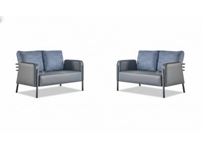 Ledersofa-Set Griich Blo Këssen 2-Sëtzer Sofen Modern Polster Textil