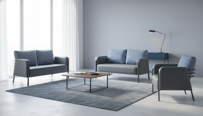 Komplett Leder-Canapé Set 2-Sëtzer Fauteuil Modern Gro Blo Lieder Textil