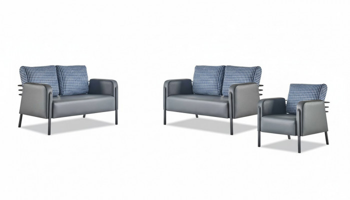 Komplett Leder-Canapé Set 2-Sëtzer Fauteuil Modern Gro Blo Lieder Textil