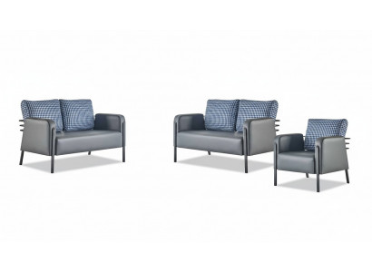 Komplett Leder-Canapé Set 2-Sëtzer Fauteuil Modern Gro Blo Lieder Textil