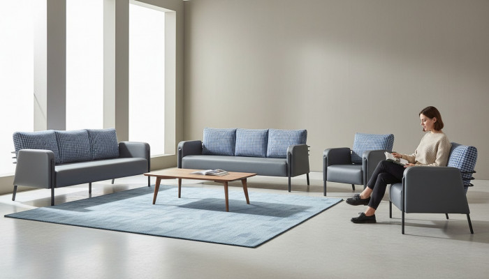 Sofazen Gepolsters Edelstahl Ledersofa-Set 3-Sëtzer Fauteuil Gro Blo Textil