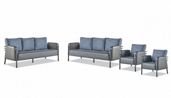 Sofazen Gepolsters Edelstahl Ledersofa-Set 3-Sëtzer Fauteuil Gro Blo Textil