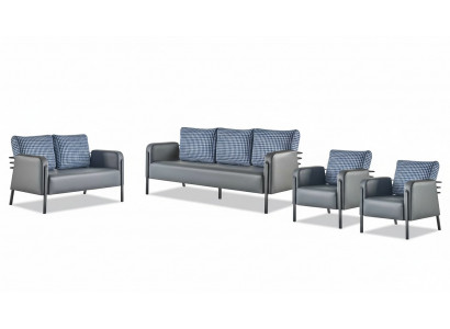Komplett Sëtzmiwwel Set 3-Sëtzer 2-Sëtzer Fauteuil Grau Blo Lieder Polster