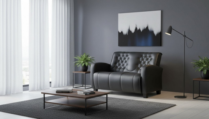 Luedersofa Chesterfield Canapé 2-Sëtzer Sofa Modern Zweesëtzeg Lieder Holz