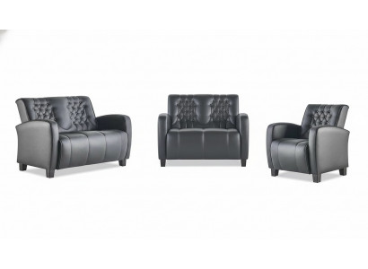 Ledercouch-Set 2-Sëtzer Fotell Chesterfield Couch Schwaarz Modern Knäppercher