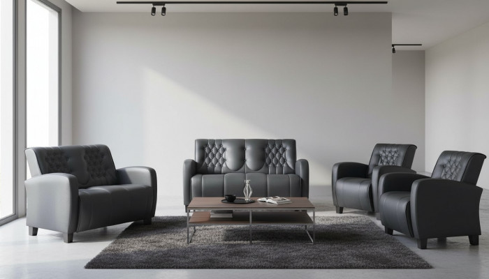 Sëtzgruppe-Set 2-Sëtzer Fotell Schwaarz Chesterfield Modern Ledersofaen