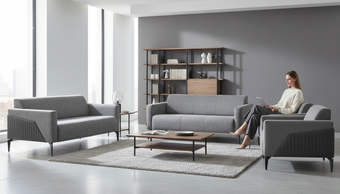 Sëtzmoebel Komplett Modern Set 3-Sëtzer Fauteuil Gro Textil Edelstahl Lieder