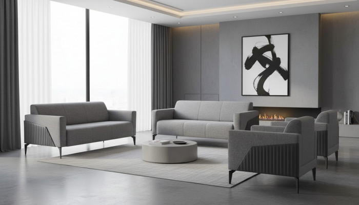 Sëtzmoebel Komplett Modern Set 3-Sëtzer Fauteuil Gro Textil Edelstahl Lieder