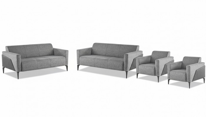 Sëtzmoebel Komplett Modern Set 3-Sëtzer Fauteuil Gro Textil Edelstahl Lieder