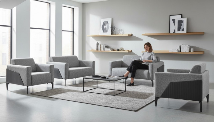 Komplett Sofa-Set Sofagarnitur 2-Sëtzer Fautteuil Gro Edelstahl Textil Holz