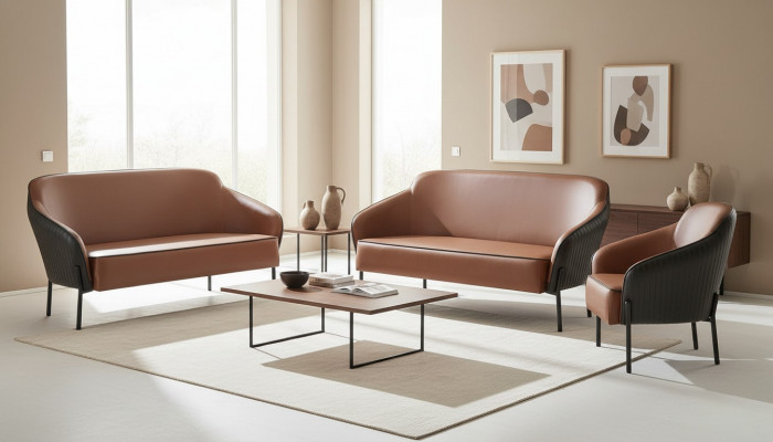 Soffagarnitur Lieder Edelstahl Set 2-Sëtzer Fotell Braun Schwaarz Lidersofas