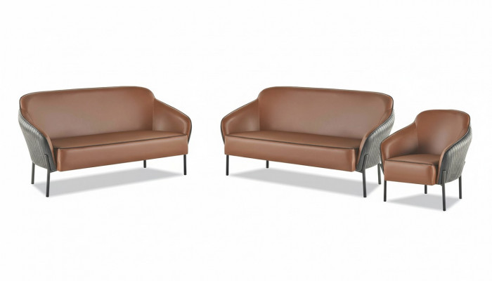Soffagarnitur Lieder Edelstahl Set 2-Sëtzer Fotell Braun Schwaarz Lidersofas