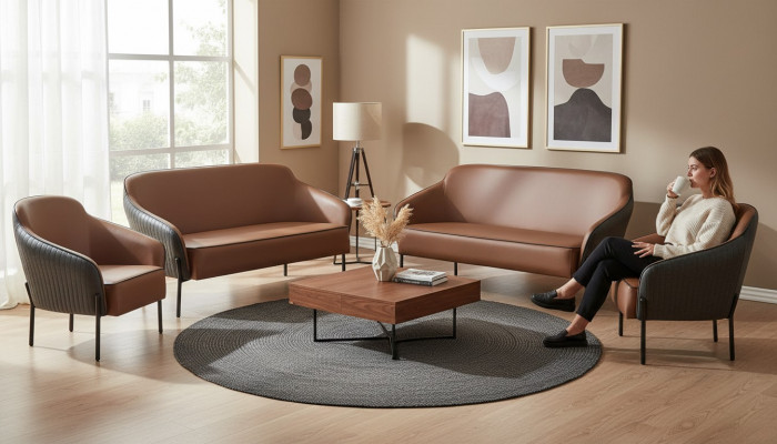 Canapé-Set Braun Schwaarz Canapé-Garnitur 2-Sëtzer Fauteuil Lieder Edelstol Holz